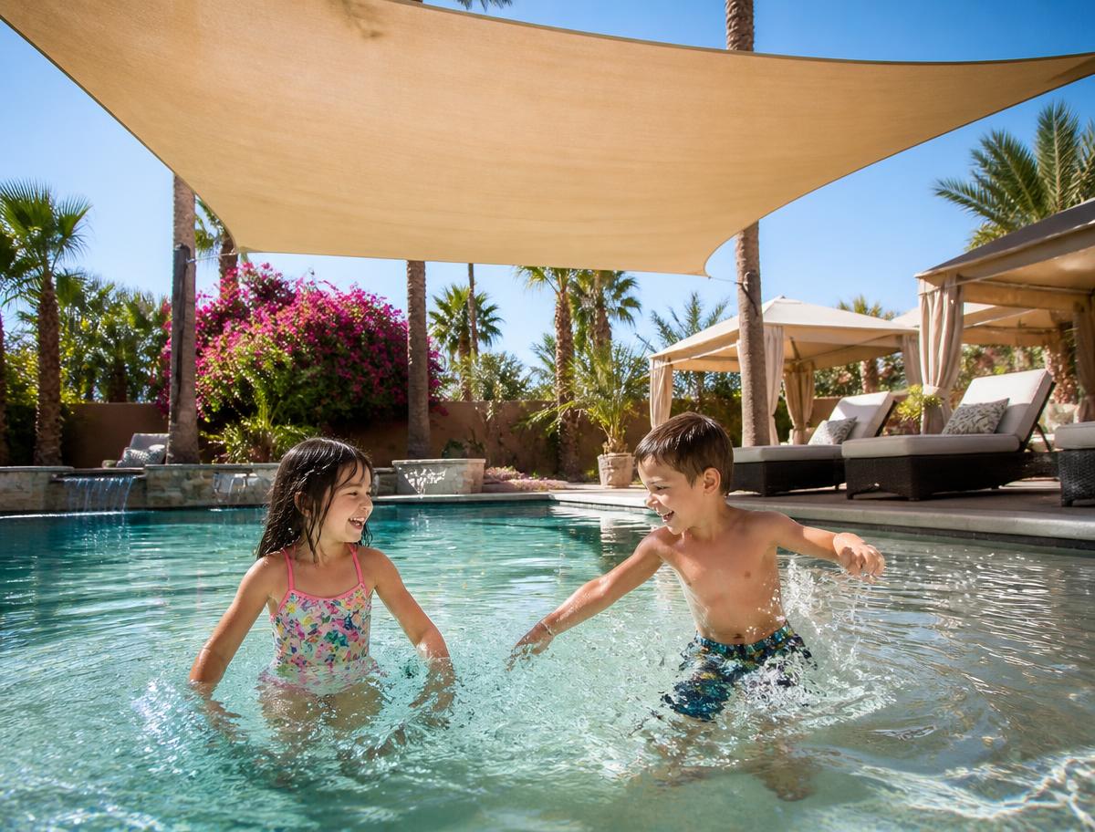 Pool shaded by a large retractable shade sail